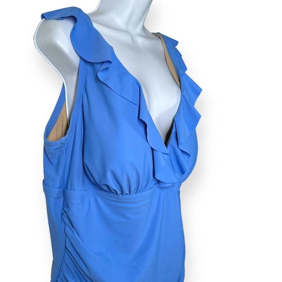 KONA SOL One Piece Bikini Ruched Ruffle Swim V-Neck Full Coverage Blue 22 - Picture 4 of 13